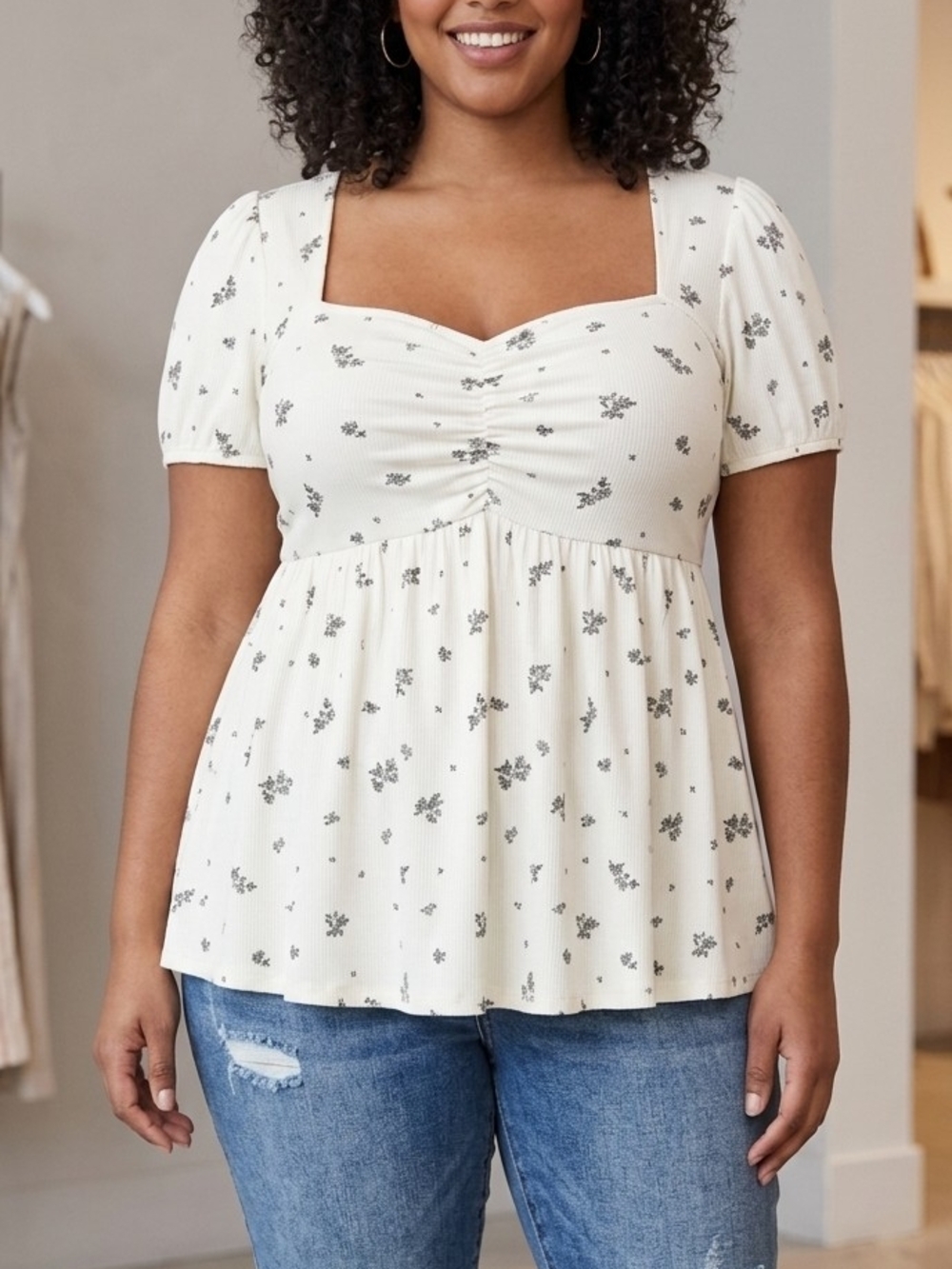 torrid Cream Square-Neck Floral Peplum Top